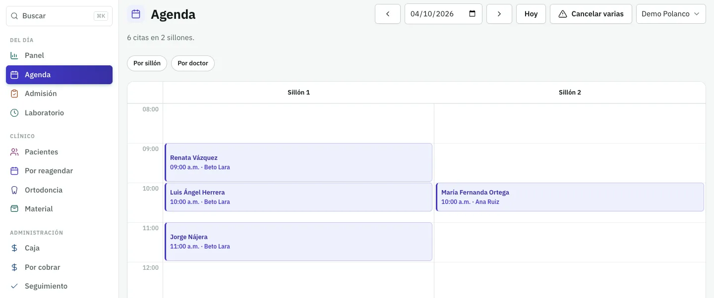 Agenda de Dentikai: citas del día organizadas por sillón, con paciente, hora y doctor.
